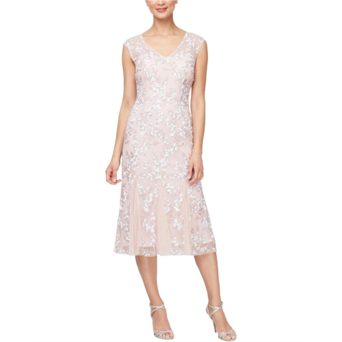 Womens Alex Evenings Short Embroidered Dress with Godet Hem