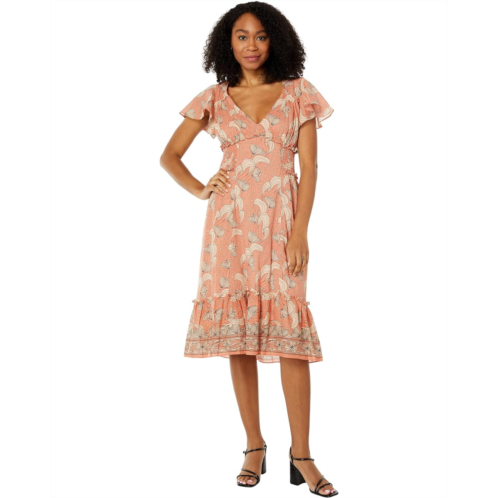 Max Studio Printed Cotton Flounce Sleeve & Hem V-Neck Dress