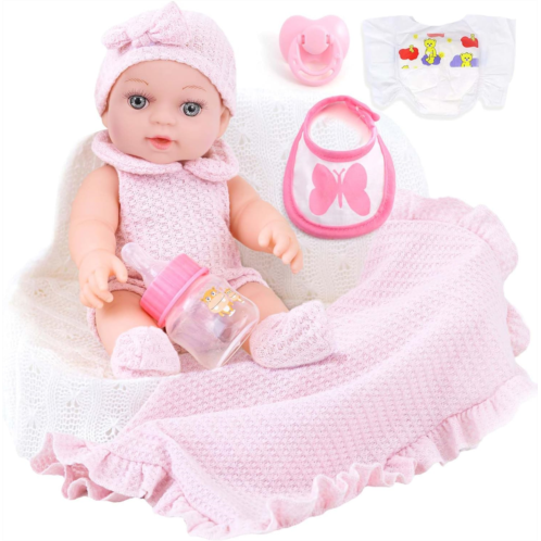 DOTVOSY 12 inch Realistic Adoption Girl Baby Doll Playset with Knit Clothes and Accessories Includes Pacifier,Disposable Diaper,Blanket,Bib,Feeding Bottle and Other Stuff