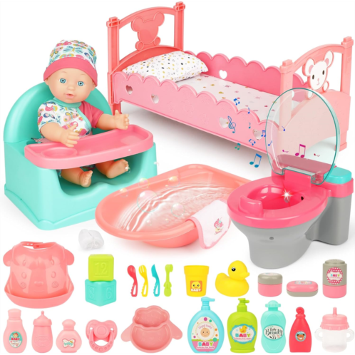 deAO Baby Doll Set, Baby Dolls with Booster Seat High Chair, Toy Toilet, Bed and Bathtub,25 PCS Baby Doll Accessories for 3 4 5 6 Girls Kids, Pretend Play Toys