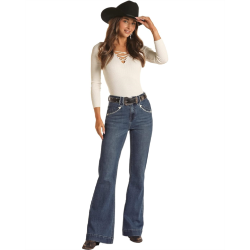 Rock and Roll Cowgirl Piping Loop High-Rise Trousers in Medium Wash RRWD5HRZQJ