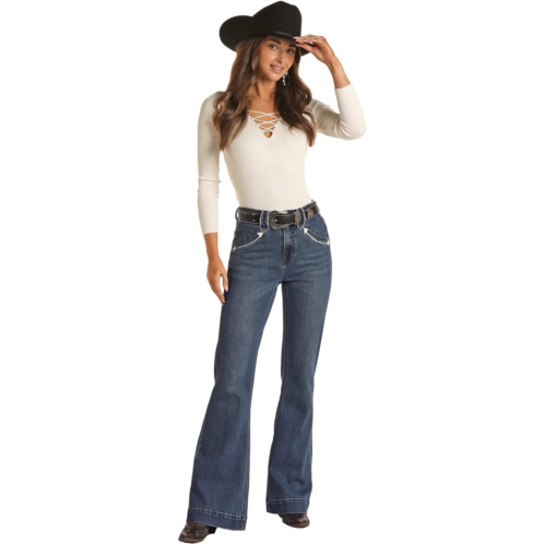 Rock and Roll Cowgirl Piping Loop High-Rise Trousers in Medium Wash RRWD5HRZQJ