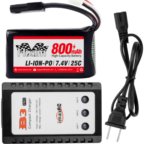 Hosim [New Version] 7.4V 800mAh RC Car Rechargeable Li-Po Battery & 1pcs Balance Charge,Spare Replacement Parts Assessory for 9130 9135 9136 9138 1/16 Scale All Terrain RC Truck Ba