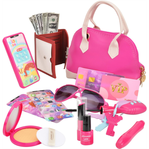 Victostar 21Piece Girls Pretend Play Set ,My First Purse Toy with Handbag, Makeup Set, Sunglasses, Smartphone, Wallet, Car Keys, Credit Card Playset for Kids Gifts