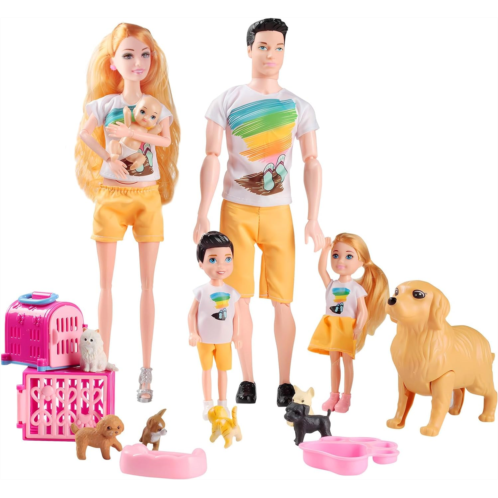 Family Dolls Set of 6 People with Dollhouse Pets Included Pregnant Mom Dad 3 Kids and Baby Boy in Mommys Tummy, Doll Playsets and Accessories for 3-12 Years Old Toddlers Gift