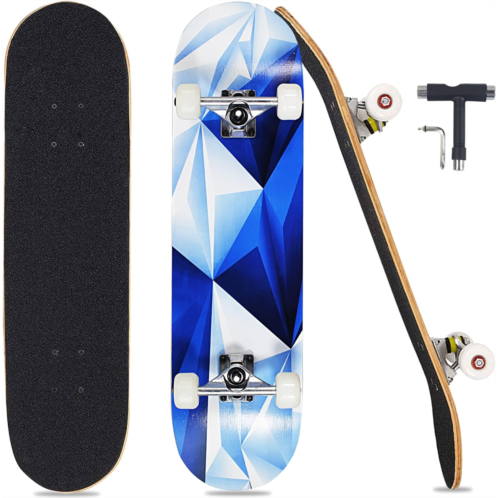 Pwigs Pretty&Popular Pro Complete Skateboards for Beginners Adults Youths Teens Kids Girls Boys 31x8 Skate Boards Canadian Maple Double Kick Concave Longboards with T Tools