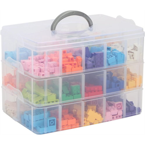KISLANE 3-Tier Stackable Storage Box with 30 Compartments Compatible with Lego Bricks, Building Bricks, Plastic Storage Box for Building Bricks, Kids Toy and More (Transparent Whit