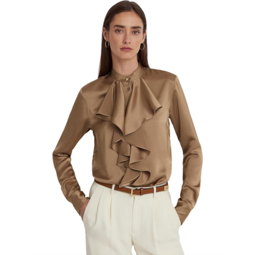 POLO RALPH LAUREN Womens Lauren Ralph Lauren Ruffle-Trim Satin Charmeuse Shirt