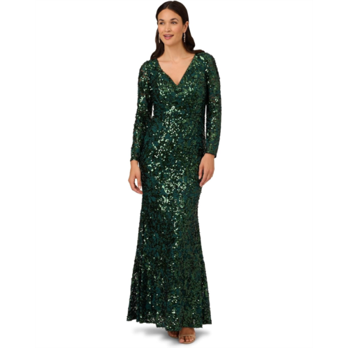 Adrianna Papell Long Sleeve Sequin & Lace Mermaid Gown