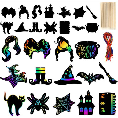 Whaline 112pcs Halloween Hocus Pocus Scratch Paper Art Witch Design Magic Rainbow Scratch Paper Off Cards Kit for Kids with 112pcs Ribbons & 56pcs Wooden Styluses for Halloween Par