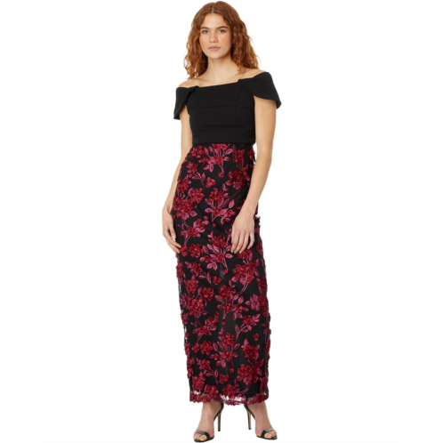 Adrianna Papell Off the Shoulder Stretch Crepe And Soutache Long Gown
