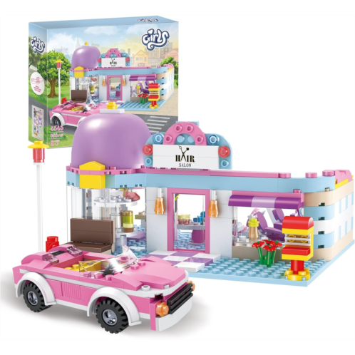 BRICK STORY Girls Friends Hair Salon Building Kit with 2 Mini People 5 Dolls Hair Creative Girls Friends Sets 358 Pieces with a Pink Convertible Car STEM Building Toys Gifts for Ki