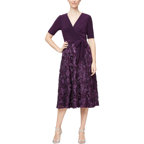 Womens Alex Evenings Tea-Length Dress with Rosette Lace