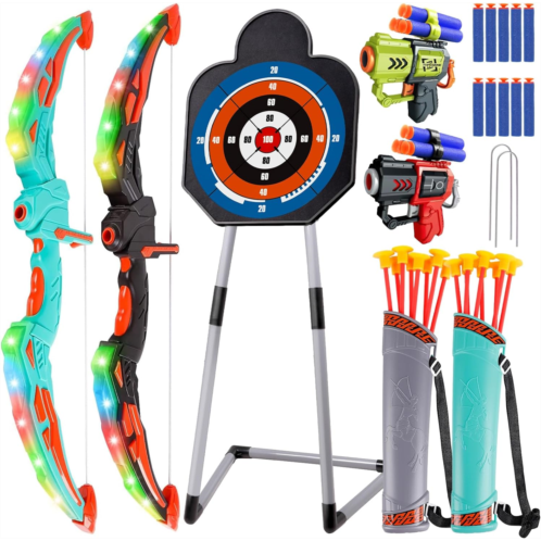 TWFRIC 2 Pack Bow and Arrow Toy for Ages 5-7 8-12 Boys Kids Archery Set with LED Light Up Outdoor Indoor Sport Toys for 5 6 7 8 9 10 11 12 Year Old Boys Girls Gifts