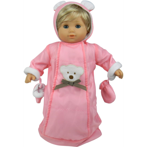 Sophias Polar Bear Embellished Bunting Snowsuit Sack with Attached Mittens and Hood with Ears for 15 Inch Baby Dolls, Pink