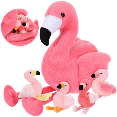 Skylety 18 Inches Flamingo Stuffed Animal with 4 Babies Flamingo Plush Toys Inside Zippered Tummy Pink Mommy Flamingo Toy Stuffed Animals for Birthday Party Decorations