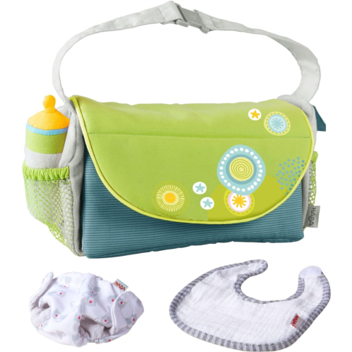 HABA Diaper Bag Summer Meadow - Doll Sized Pretend Playset Role Play Toy Folds into Changing Pad with Soft Baby Bottle, Bib and Cloth Diaper