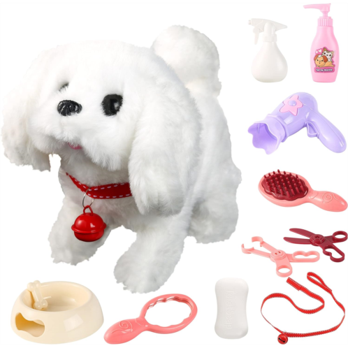 BETTERLINE Puppy Electronic Interactive Pet Dog -Walking, Barking, Tail Wagging, Stretching Companion Animal for Kids (Bichon Frise)