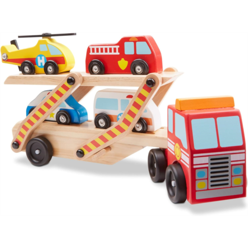 Melissa & Doug Wooden Emergency Vehicle Carrier Truck With 1 Truck and 4 Rescue Vehicles