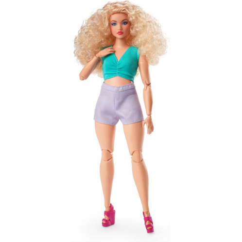 Barbie Looks Doll with Curly Blonde Hair Dressed in Ruched Crop Top & Satiny Lavender Shorts, Posable Made to Move Body