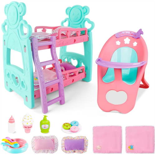 deAO Baby Doll Accessories Bunk Bed Doll Crib & High Chair,Doll Furnitures Toy Bed Doll Crib for Twin Dolls fits 12 13 14 Inch,Great Pretend Play Toy for 3 4 5+ Girls