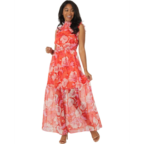 Womens Vince Camuto Floral Chiffon Maxi Dress with Smocking Detail