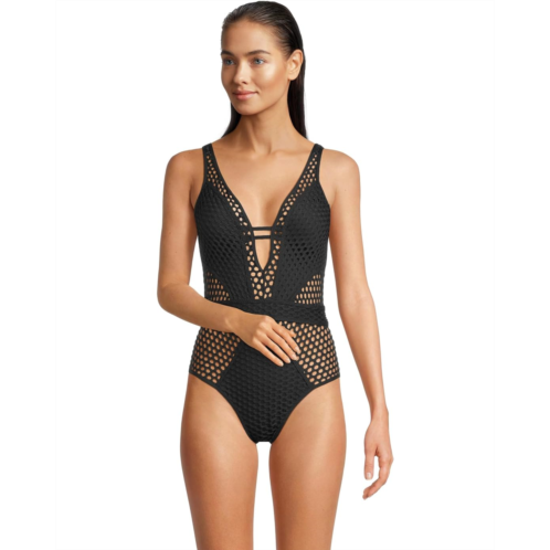 Womens BECCA Castaway Fishnet Texture Plunge One Piece