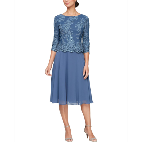 Alex Evenings Tea Length Embroidered Mock Dress