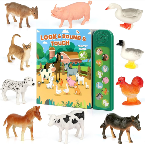 DOMNIU Farm Animals Figures Toys with 10 Realistic Plastic Animal Figurines & Kids Sound Book, Educational Learning Toys Gift for 3 Years Old & Up Toddlers Kids Boys Girls