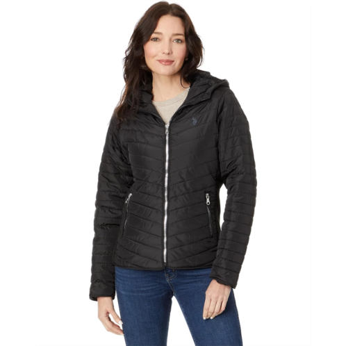 U.S. POLO ASSN. Chevron Quilted Moto Hooded Jacket with Rib Trim And Cozy Faux Fur Lining