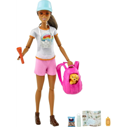 Barbie Self-Care Doll, Brunette Posable Hiking Doll with Puppy and Accessories Including Backpack Pet Carrier and Camera