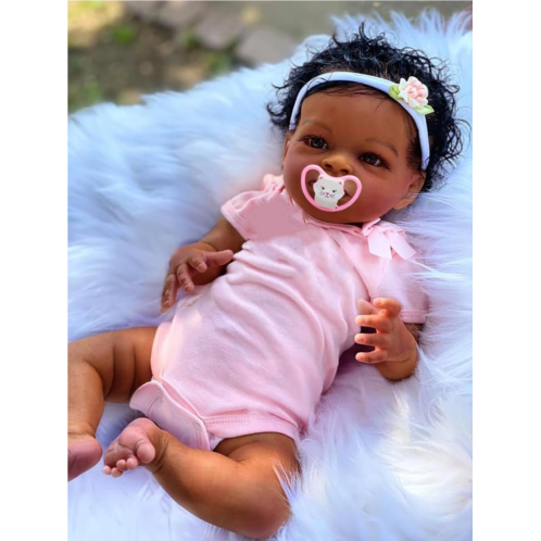TERABITHIA 20 Inches Real Baby Size Rooted Curly Hair African American Lifelike Reborn Baby Doll with Soft Weighted Body Realistic Newborn Cuddly Body Doll in Dark Brown Skin