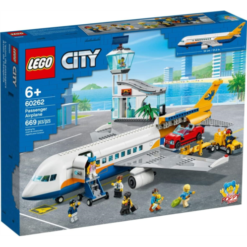 LEGO City Passenger Airplane 60262, with Radar Tower, Airport Truck with a Car Elevator, Red Convertible, 4 Passenger and 4 Airport Staff Minifigures, plus a Baby Figure (669 Piece