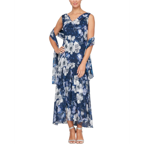 Alex Evenings Tea Length Chiffon Printed Burnout Dress