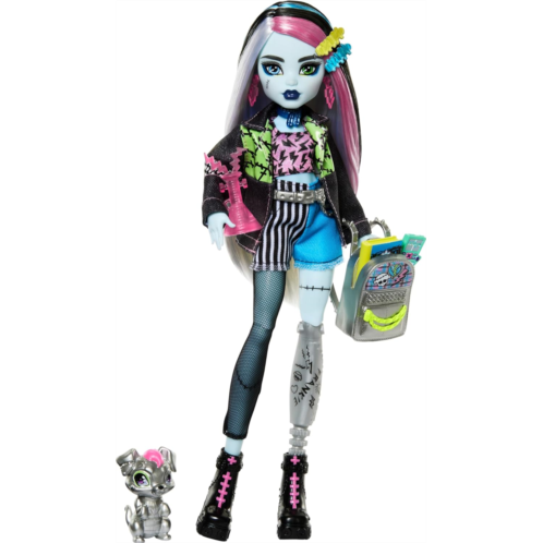Monster High Frankie Stein Doll in Denim Jacket and Shorts, Includes Pet Dog Watzie and Accessories Like a Backpack, Snack and Notebook