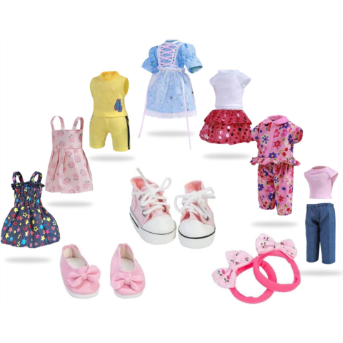 WYHTOYS 7PCS Doll Clothes and 2pcs Shoes fits American Doll 14 inch 14.5 inch Wellie Wishers Dolls