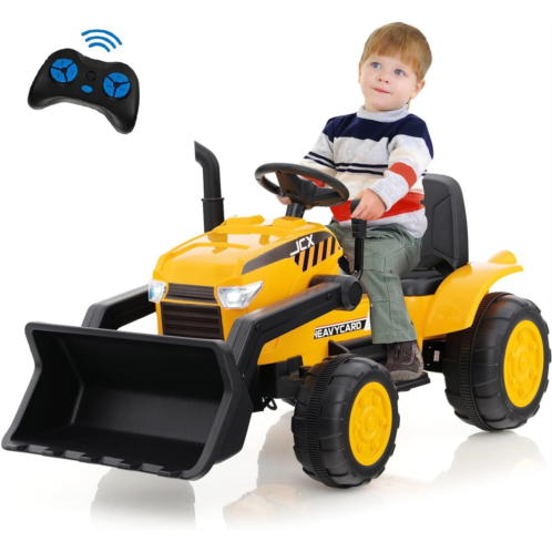 OLAKIDS Kids Ride on Car, 12V Electric Excavator Vehicle Construction Truck with Remote Control, Adjustable Bucket, Toddlers Battery Powered Bulldozer Tractor with 2 Speeds, Music
