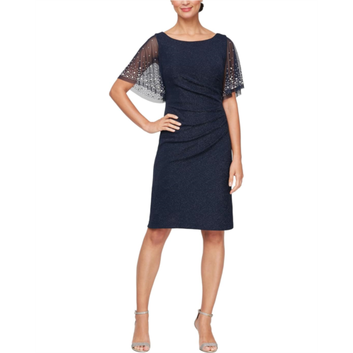 Womens Alex Evenings Metallic Knit Short Dress with Embellished Flutter Sleeve