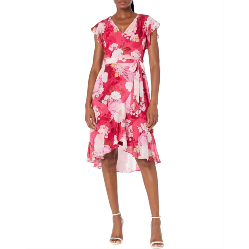 Womens Adrianna Papell Printed Floral Chiffon Side Wrap Dress with Cascade Ruffle