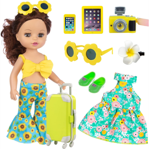 UNICORN ELEMENT 14.5 Inch Baby Doll and Doll Travel Accessories Suitcase Set - Include 1 Pcs 14.5 Inch Girl Doll,1 Luggage,1 Clothes, 1 Dress, 1 Shoes, Hairclip, Camera, Phone and