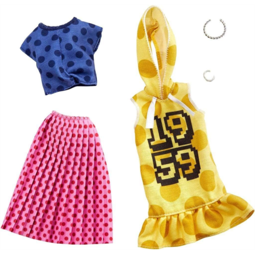 Barbie Clothes -2 Outfits Doll Feature Polka Dots on a Yellow Hoodie Dress, a Blue Top and Pink Skirt, Plus 2 Accessories, Gift for 3 to 8 Year Olds