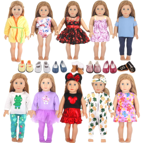 AugFrog 10 Sets 18 Inch Doll Clothes and 7 Paris of 18 inch Doll Shoes Suit Fit 18 inch Girl Doll,43cm Baby New Born Doll