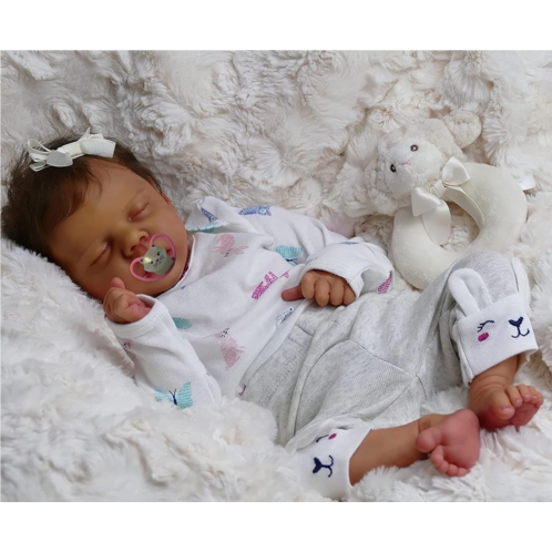 TERABITHIA 19 Inch Realistic Hand Rooted Eyelashes Sleeping Reborn Baby Doll with Soft Body Newborn Premie Doll in Dark Brown Skin, May God Bless You