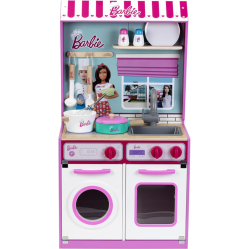 Theo Klein 2 in 1 Barbie Wooden and Metal Toy Kitchen and Dollhouse with Pretend Washing Machine and Oven for Kids Ages 3 and Up Integrated Dollhouse