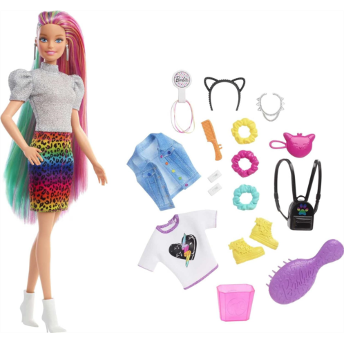 Mattel Barbie Doll Leopard Rainbow Hair with Color-Change Highlights & 16 Styling Accessories Including Clothes, Scrunchies, Brush & More