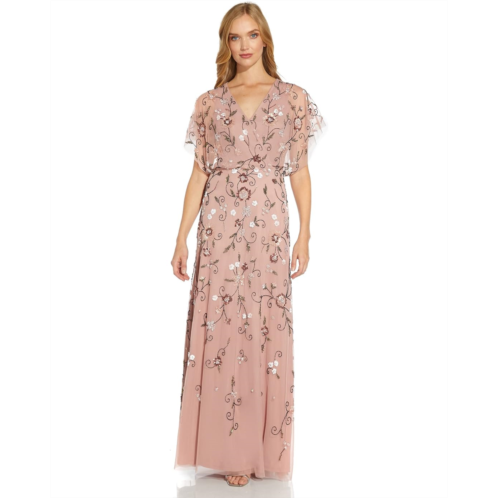 Adrianna Papell Beaded Flutter Sleeve Gown