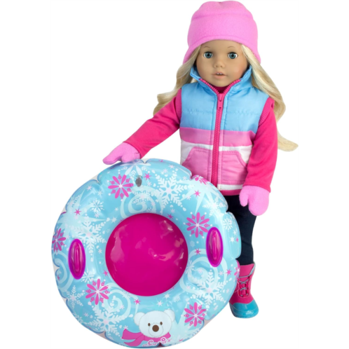 Sophias 18 Doll 4 pc. Winter Fun Set with Puffy Powder Blue, White, and Hot Pink Striped Vest, Pink Fleece Hat and Mittens, and Polar Bear Snowflake Print Inner Tube