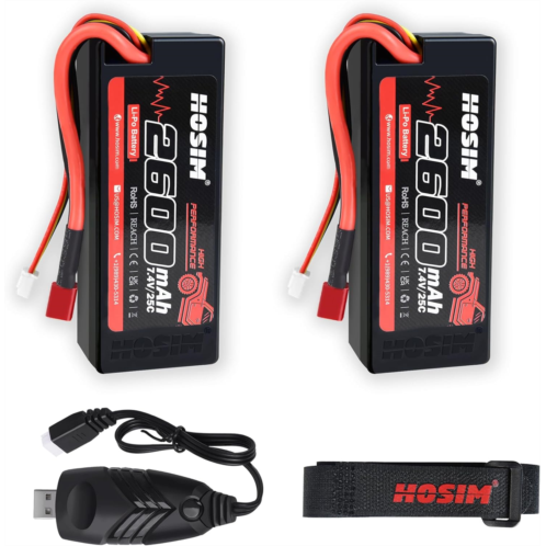 Hosim 2PCS 2S 7.4V 2600mAh Lipo Battery 25C with 1 USB Chargers & 1 Battery Strap RC Car Truck RC Vehicles Boat Battery Fit for X08 X07 X07W High Speed RC Cars 1/10 Scale