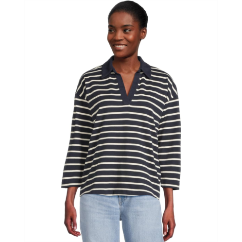 L.L.Bean Heritage Mariner Top Split-Neck Polo Three-Quarter-Sleeve Stripe