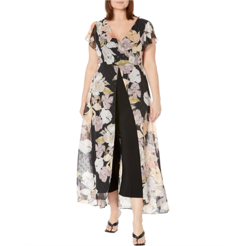 Adrianna Papell Stretch Crepe Jumpsuit with Printed Chiffon Walk Thru Jumpsuit